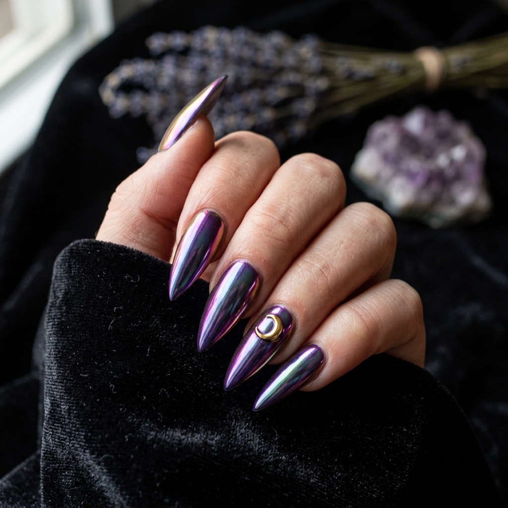 Long violet chrome stiletto nails with a gold crescent moon charm