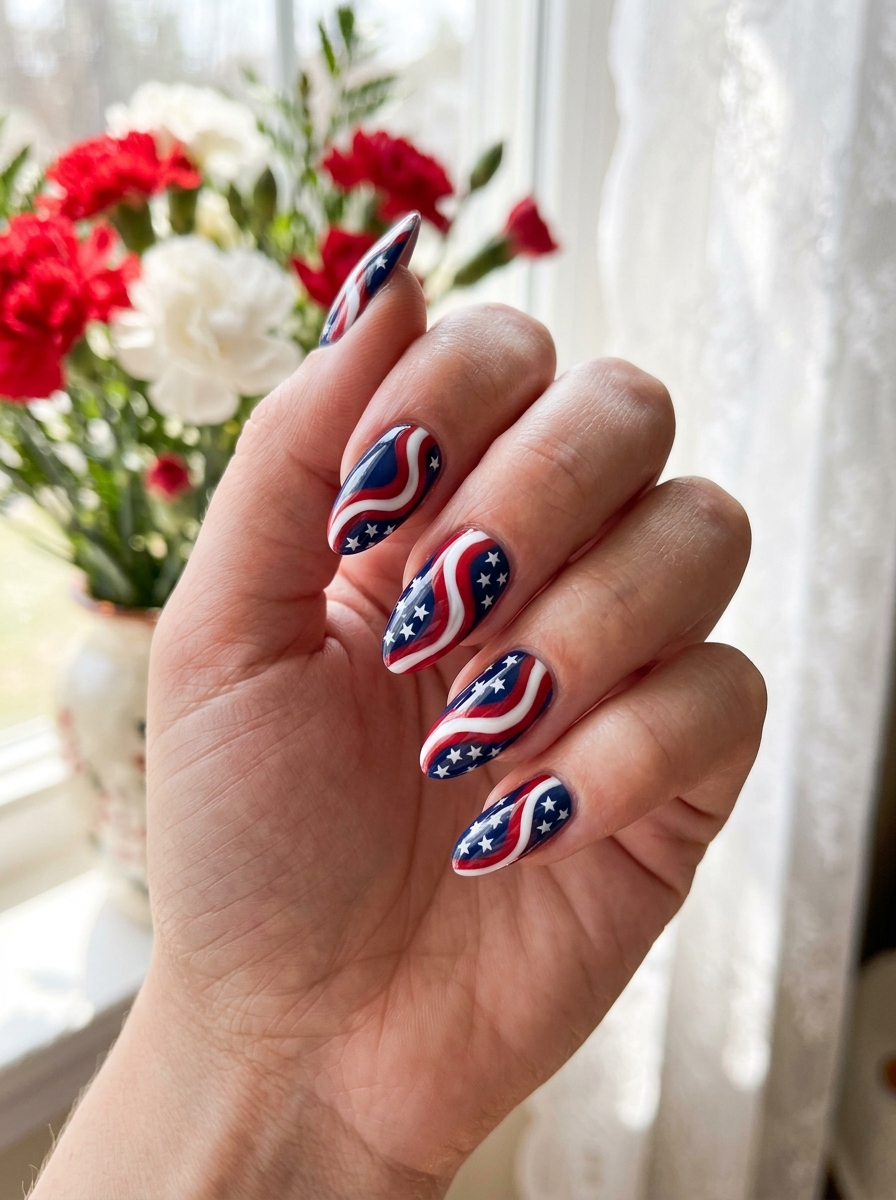 Wavy flag ribbon swirl - July Nail Designs