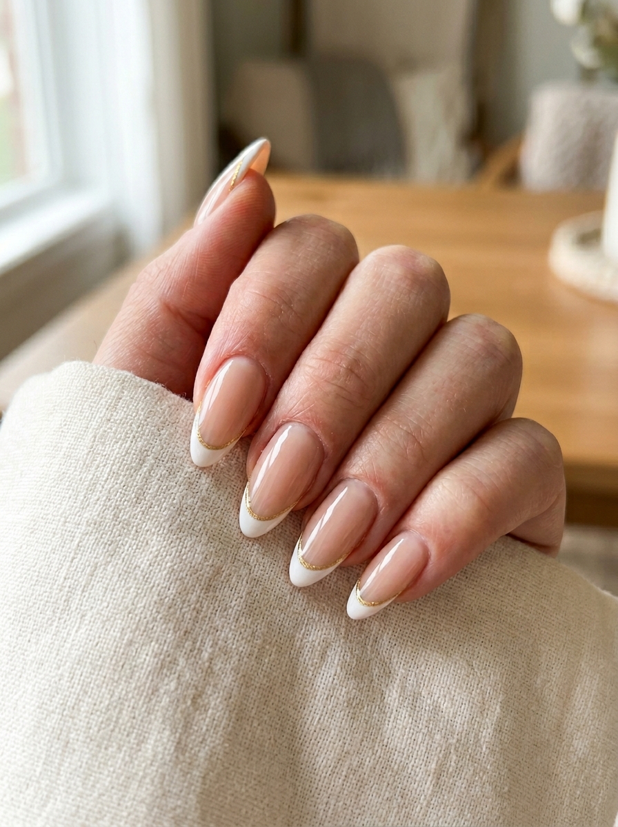 White French with gold line almond nail design