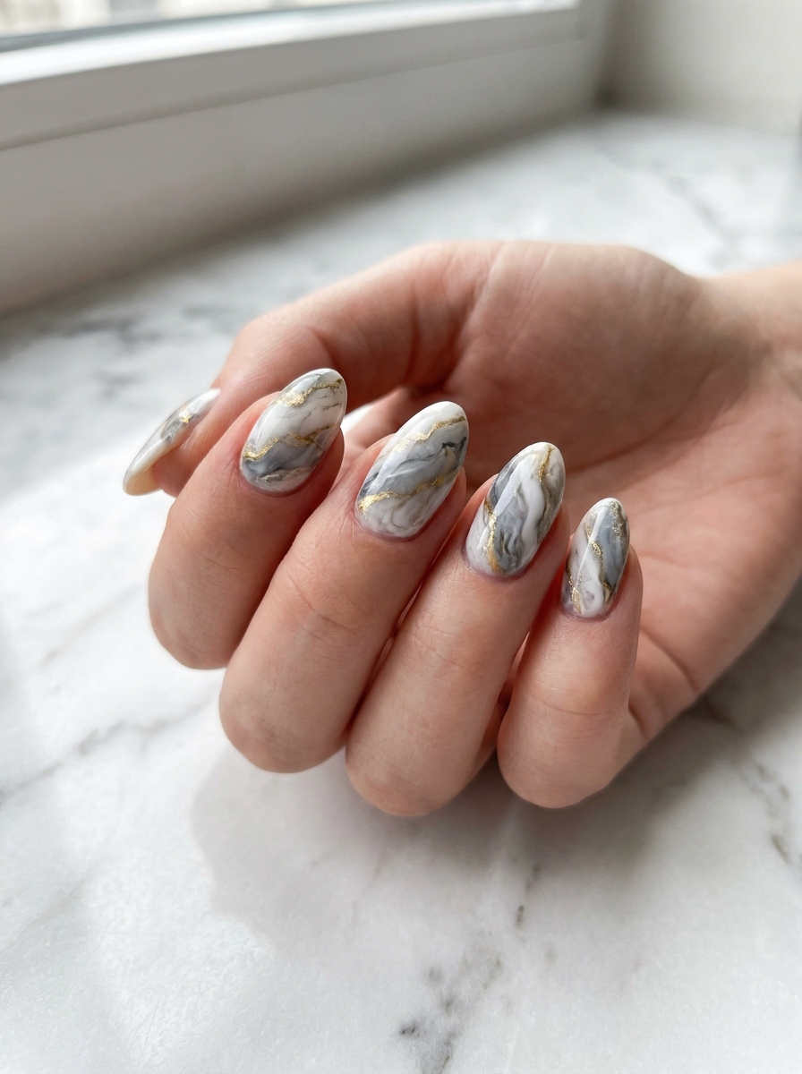 White Marble With Gold Veins - Abstract Nail Designs