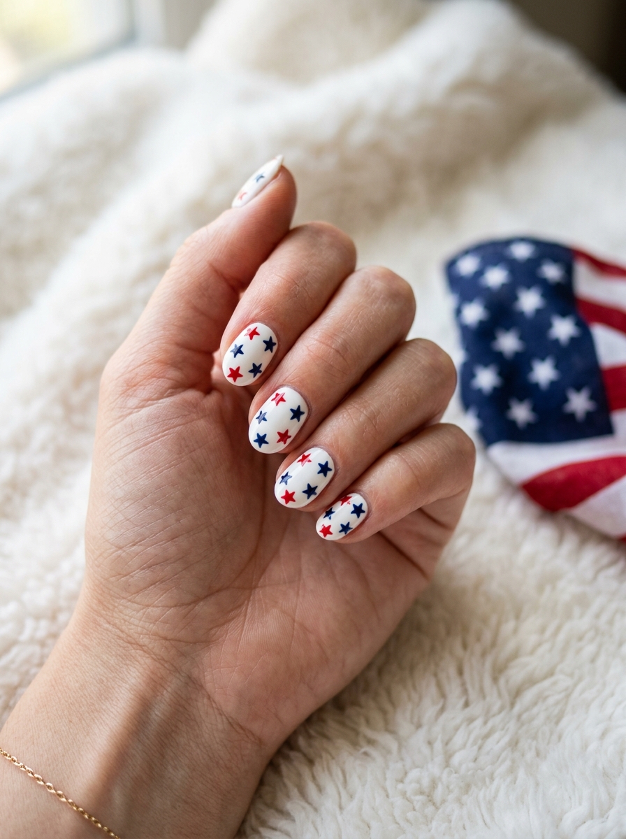 White base with bold scattered stars - July Nail Designs