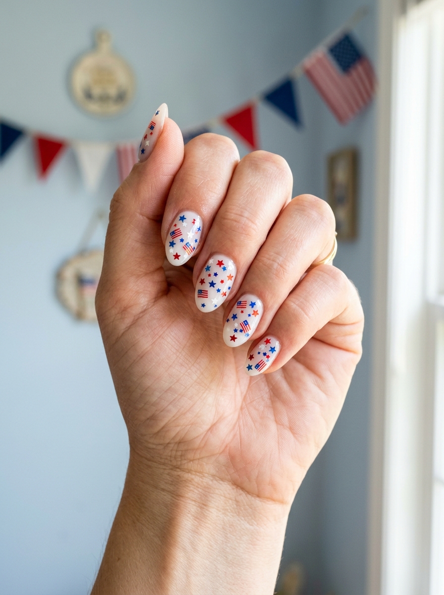 White base with stars and mini flags - July Nail Designs
