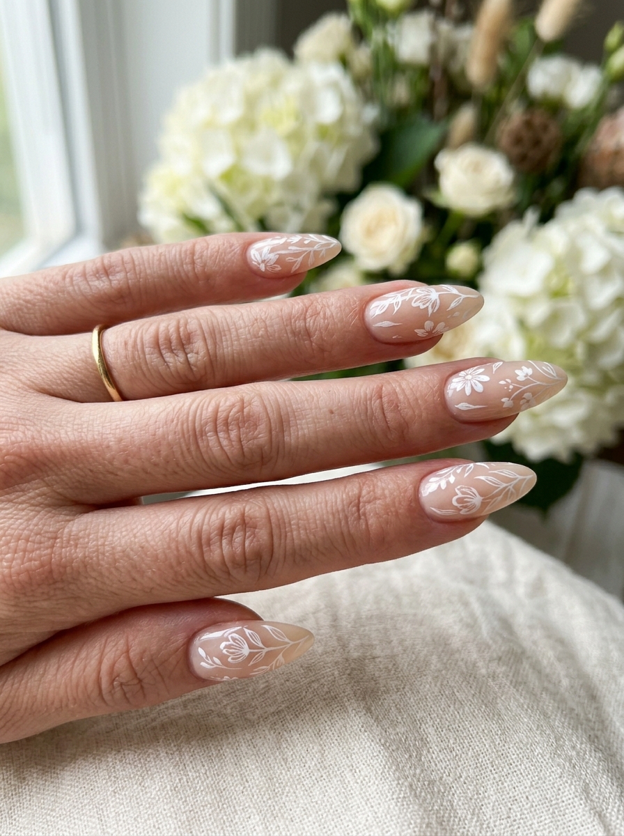 White floral on nude almond nail design