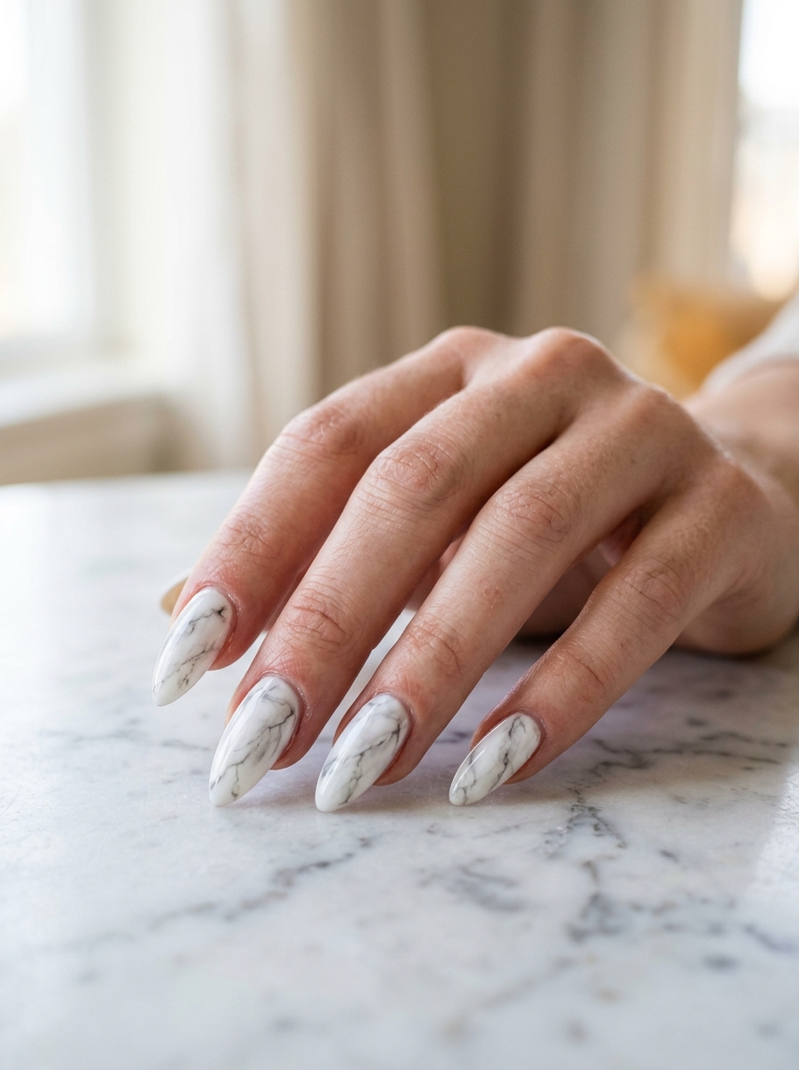 White marble almond nail design