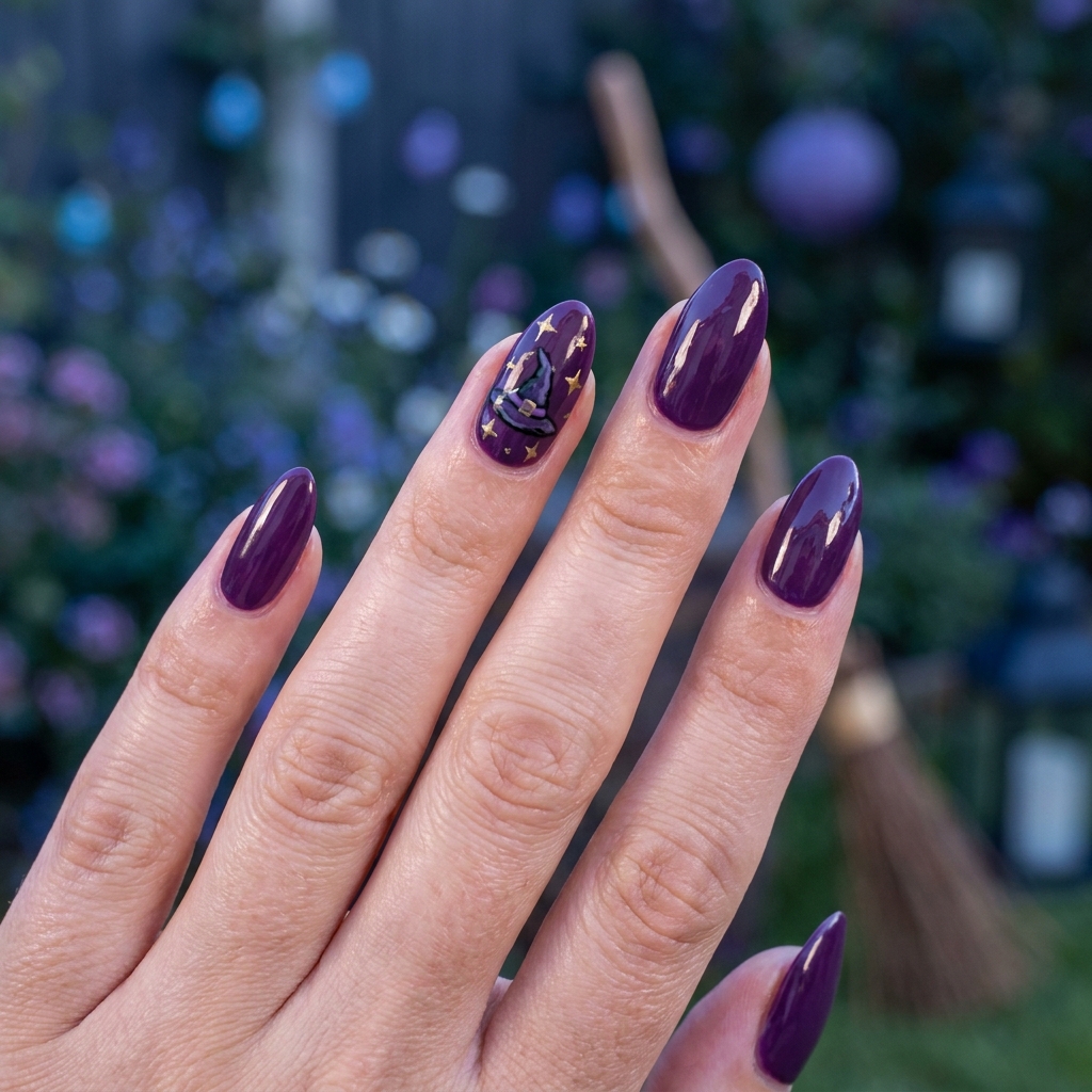 Deep purple almond nails with a witch hat accent and gold stars